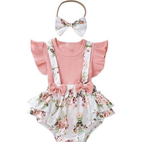 Summer Infant Baby Girls Clothes Sets 3Pcs Knitted Romper Tops Floral Suspenders Shorts Headband Newborn Clothing 0 6-24 Months