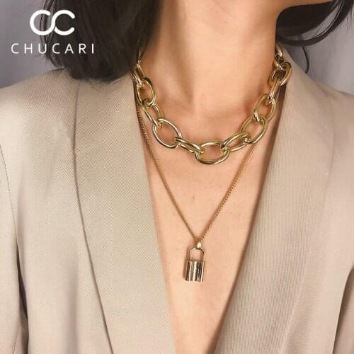 Fashion Double layer Lock Keychain Necklace link Chain Gold/Silver PadLock Pendant Necklaces Collar Punk Jewelry for Femme Women