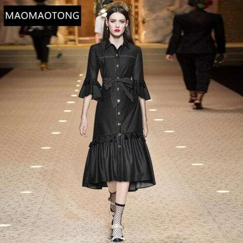 Fashion dress Spring Women Dress Mesh tassel Flare Sleeve turn-down collar Single-breasted Loose lace-up Dresses