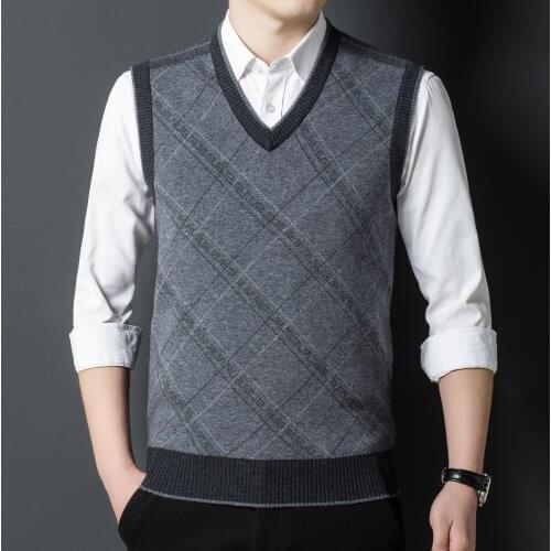Mens 100% wool knitted sweater vest Mens winter V-neck sleeveless bottoming sweater thick