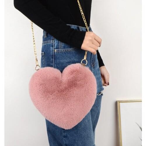 2020 New Arrivls Autumn Winter Cute Heart-shaped Plush Shoulder Bag Fashion Chain Crossbody Bag Zip Up Tote Purse