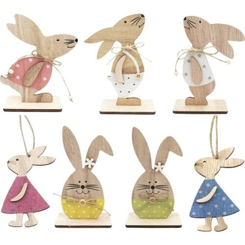 Easter Decorations Wooden Rabbit Ornaments DIY Wood Crafts Bunny Easter pendants Stand Valentines Day Wedding Decoration Gift
