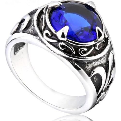 Drop Shipping Gothic Blue Stone Ring 316L Stainless Steel Jewelry Cool Men Polishing Fashion Awsome Design Punk Ring
