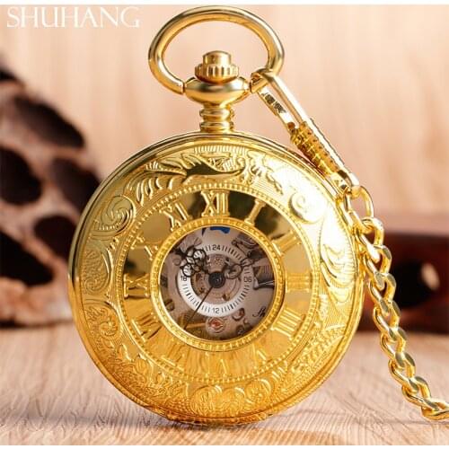 SHUHANG Vintage Antique Gold Pocket Watch Chains Mechanical Clock Hand Wind Hollow Watches Gift Men Women Pendant Relogio bolso
