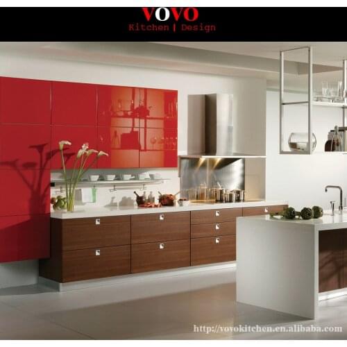 Integrated wood grain melamine kitchen cabinet with highg gloss red upper cabinet