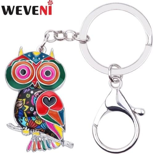 WEVENI Enamel Floral Owl Birds Key Chain Women Girl keychain Gift Bag Charms Key Holder Car key Wallet Halcyone Unique Jewelry