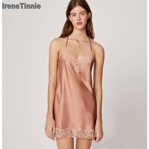 Irene Tinnie Summer Women Nightgowns Sleepshirts Nightshirts Silk Sleepwear Satin Sexy Spaghetti Strap Nightdress Lace Nightwear