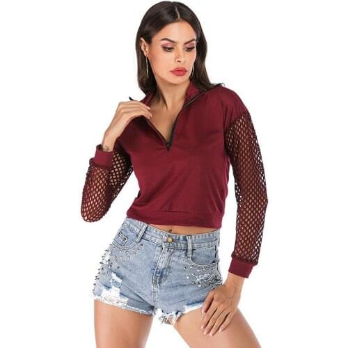 Autumn Breathable Long-sleeved V-neck Sexy Sweatshirt Women 2020 Hollow Zipper Pullover Tops Women Red Cropped Sweatshirt Women