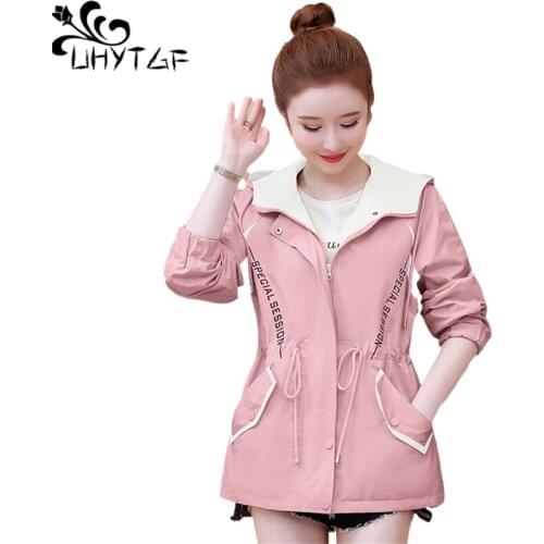 UHYTGF Womens Windbreaker Korean Loose Casual 3XL Plus Size Outerwear Solid Wild Hooded Students Spring Trench Coat Female 2056