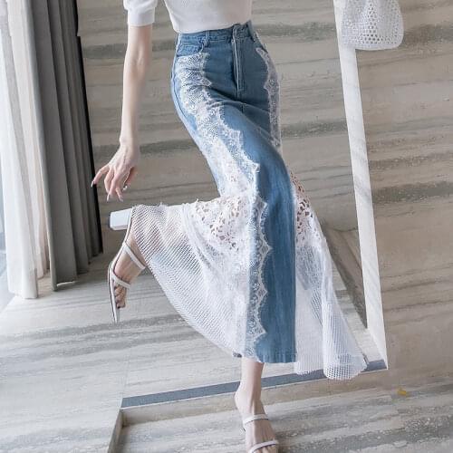 Womens Summer Fashion Lace Patchwork Denim Skirts High Waist Hole Ripped Female Slim Fit Wrap Long mermaid skirt