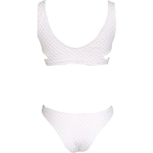 2 Pcs Women Mesh Bathing Suits, Adults Sleeveless Hollow Out Padded Solid Color V-neck Bikini Bra + Swimming Bottoms