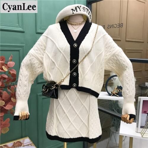 Cyanlee Women Autumn Winter Knitted Coats Skirts 2 Pieces Sets Long Sleeve Single Breasted Sweaters Skirt Outfits