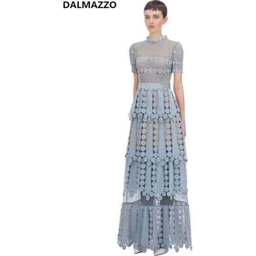 Blue Lace Hollow Out Women Fashion Stand Collar High Waist Slim Cake Long Dress 2020 Summer Designer SP Runway Dresses Vestidos