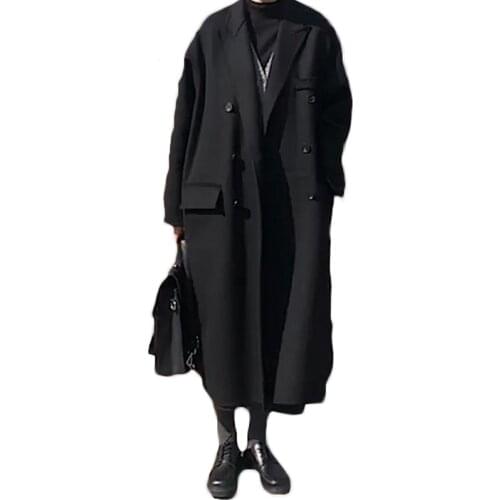 2021 New Autumn Winter Long Over-the-knee Woolen Coat Women Double breasted Black Loose Thin Wool Coat Women Jackets 53A