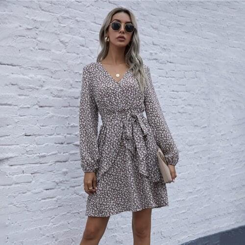 Dresses For Women Casual Long Sleeve Deep V Neck Floral Ruffle Mini Dress Sexy Loose Sashes Beach Party Club Fashion Office Robe
