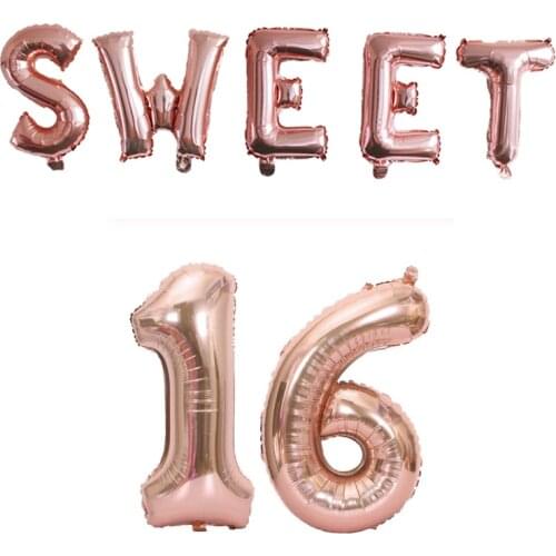 1set Rose Gold Silver Gold Sweet 16inch Aluminium Foil Letters Romantic 16 18 Happy Birthday Party Decorations Inflatable Balls