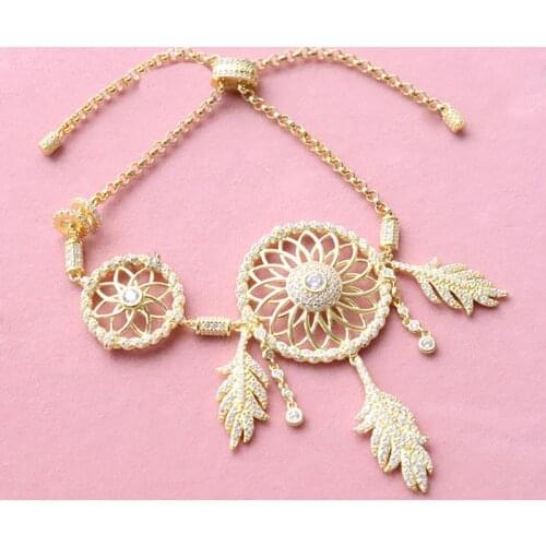 SLJELY 925 Sterling Silver Yellow Gold Color CZ Zircon Dream Catcher Bracelet Leaves Dreamcatcher Women France Luxury Jewelry