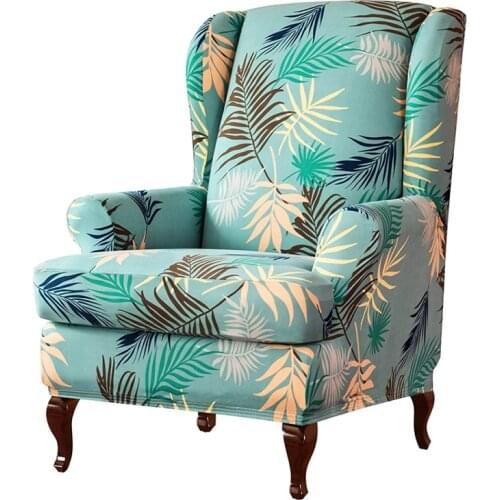 Leaves Printed Wing Back Chair Cover Spandex Stretch Armchair Slipcover Elastic Wingback Chair Cover Protector 2 Pieces Set