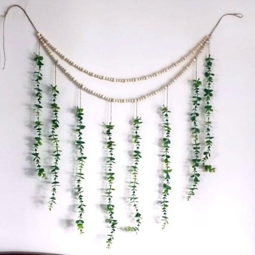 New Bohemia Handmade Artificial Eucalyptus Leaves Tassel Garland With Wooden Beads Decorative Wall Hanging Boho Home Decor