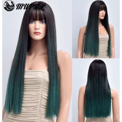 Cosplay Long Straight Ombre Green Wigs With Bangs Synthetic Natural Wig For Women Daily Party Heat Resistant Female Hair Wigs