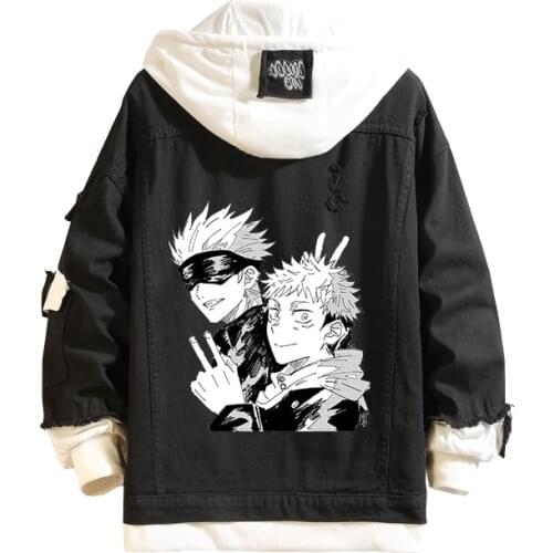 Fashion Jujutsu Kaisen Cosplay Jeans Jacket Black Gojo Satoru Costume Denim Jacket Autumn Hooded Outwear Coat