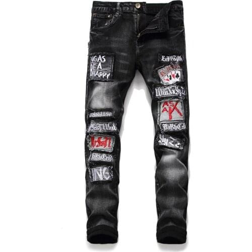 Fashion Streetwear Jeans Men Black Printing Embroidery Homme Ripped Heren Biker Stretch Pants Slim Male Casual Denim Trousers