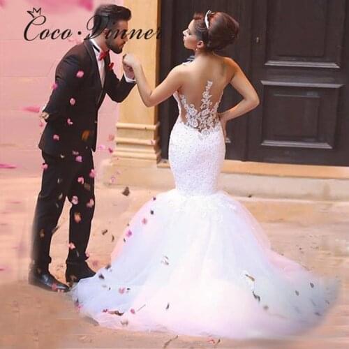 African Bride Wedding Dress Crystal Beading Lace Appliques Tulle Mermaid Wedding Dresses Illusion Back Wedding Gowns W0239