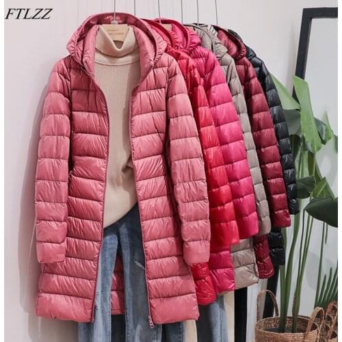 FTLZZ Winter New Ultra Light Thin Midi Long Down Jacket Women Plus Size 5XL Slim Puffer Hooded Coat Basic Outwear Detachable Hat