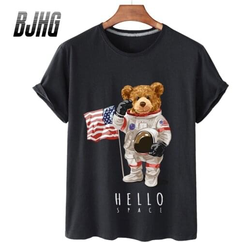 100% Cotton Astronaut Bear Print Short-sleeved T-shirt Female Half-sleeved Summer Casual Oversized T-shirt Ladies Shirt S-3XL