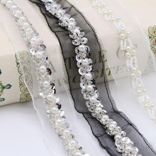 12Yards Ivory Pearl Beaded Handmade Sequined Lace Edge Trims Wedding Dress Belt Sash Ribbon Bridal Applique Fabric Sewing Craft