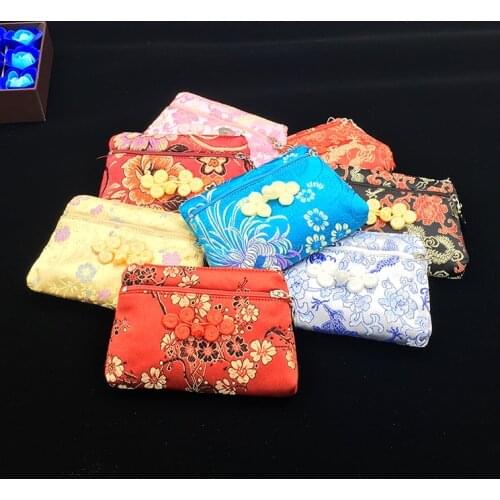 Small Womens Double Zipper Wallet Silk brocade Jewelry Pouch Gift Packaging Chinese knot Small Craft Bags Coin Purses 50pcs/lot