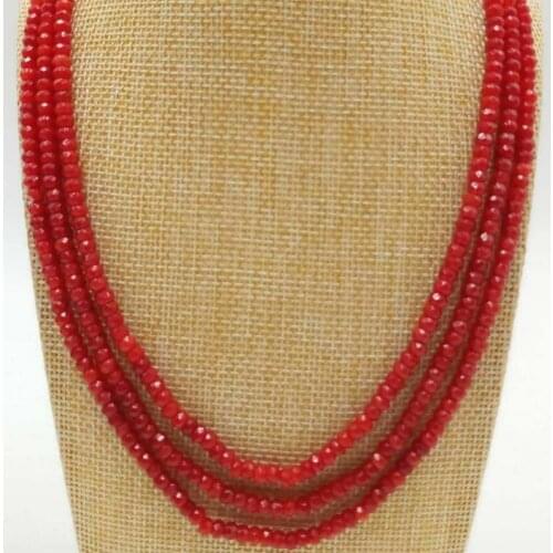 Fashion jewelry Free Shipping Pretty2x4mm Natural Red Ruby Gemstone Faceted Abacus Beads 3 Row Necklace