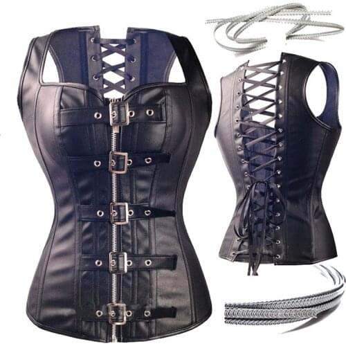 New Steampunk Lace Up Back Waist Trainer Body Shaper PVC Bustier Overbust Corset Brocade Faux Leather Corsets Dress
