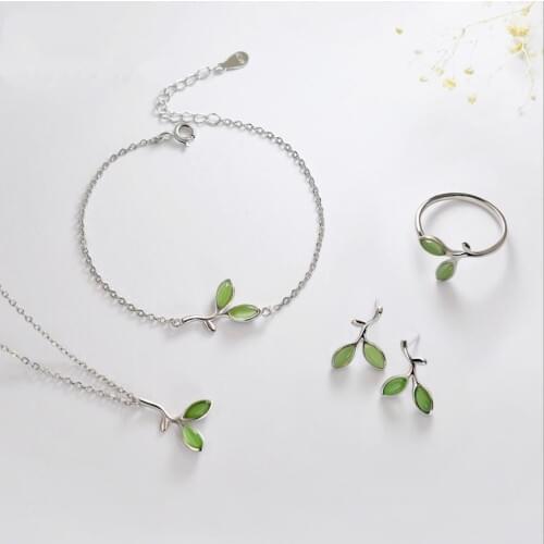 Everoyal Charm Crystal Leaf Earrings For Women Jewelry Sets Fashion 925 Sterling Silver Necklace For Girls Accessories Rings