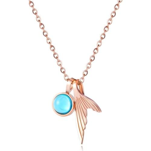Japanese and Korean Fashion Crystal Fishtail Pendant Clavicle Chain Lady Temperament Stainless Steel Rose Gold Necklace