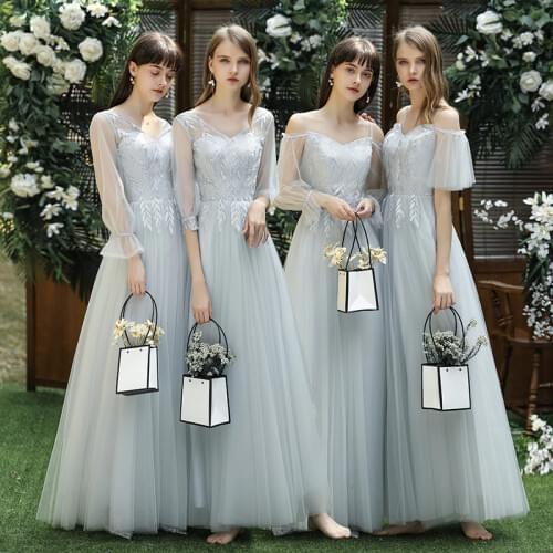 Bridesmaids Dresses Illusion Off The Shoulder V-Neck Embroidery Full A-Line Sequined Luxury Tulle Women Wedding Party Gown E150