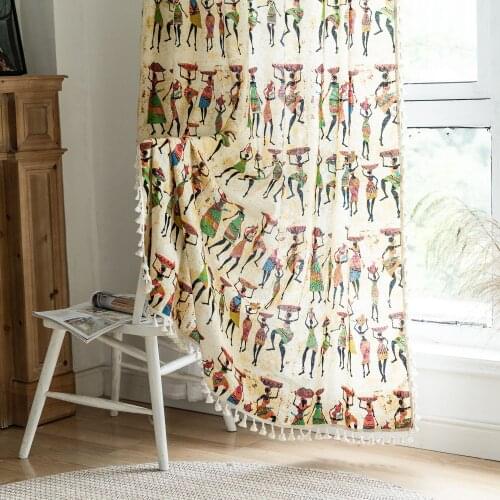Primitive Tribe Tassel Windows Curtain Home Decor Semi-Blackout Cotton Linen Blend Farmhouse