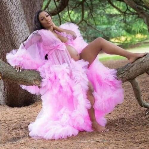 Pink Maternity Celebrity Dress Luxury Ruffles Long Sleeves Wedding Sleepwear Nightgowns Tiered Robes Women Dress Custom Made