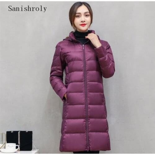 Sanishroly New Women Midi Long Hooded Outerwear White Duck Down Jacket Female Ultra Light Down Coat Parka Plus Size 4XL SE795
