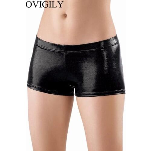 OVIGILY Women Black Shorts Low Waist Elastic Waistband Metallic Dance Booty Shorts Girls Shiny Stage Performance Shorts Ballet