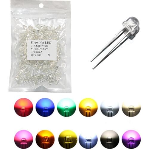 100pcs 5mm Straw Hat LED Light Emitting Diode Super Bright Warm White Red Green Blue Yellow Orange UV Pink RGB Flashing DIYBulb
