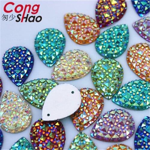 Cong Shao 100pcs 13*18mm AB Colorful Drop Flatback Crystals Resin Rhinestone Applique Sewing 2 Hole Wedding Dress Button CS335