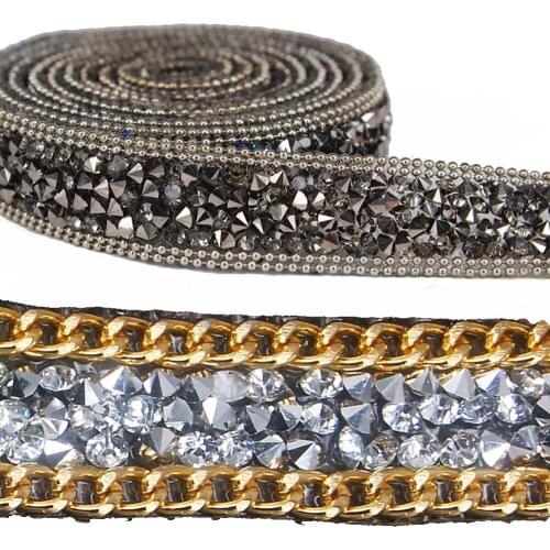 Rhinestones Gold Trim Chain Iron on Hotfix Crystal Reel Chain Costume Applique Embellishment Sewing Supplies 5yard/T1138