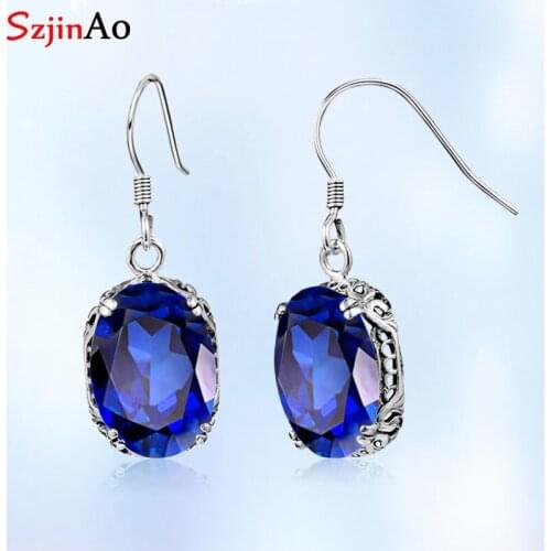 Szjinao brand gemstone jewllery Fine Articial natural sapphire earrings silver 925 Drop Square Women Weding Fashion Charms Gifts