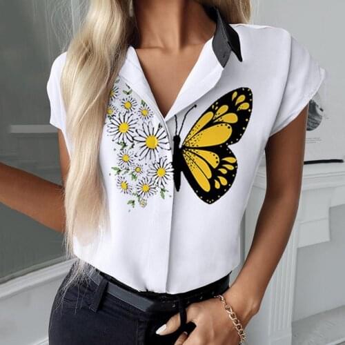 2021 New Summer Women Patchwork Butterfly Printing Top Blouse V-Neck Short Sleeve Pullover Shirt Elegant Streetwear Dropshipping