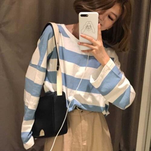 Korean Student Striped T-shirts For Ladies 2020 Fashion Autumn Long Sleeve Loose Tee Tops WDC5896