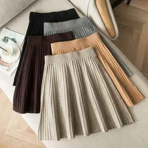 Womens Knitted Autumn Winter A- line Skirt Short Pleated Skirt Woman Skirts Faldas Jupe