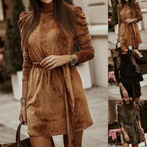 2020 Sexy Women Autumn Winter Solid Color Long Puff Sleeve Belt Bodycon Mini Dress Vintage Summer Bodycon Club Wear Vestidos