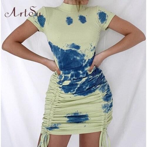 Artsu Tie Dye Print Drawstring Bodycon Dress Women Elegant Short Sleeve Ribbed Ruched Mini Dresses Summer Party