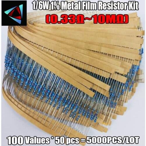 1/6W 1% 1R~10M ohm 100valuesx50pcs=5000pcs Metal Film Resistor Assorted Kit